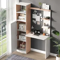 OKWISH Bureau Met Opberging – 123,5x45x168,5 cm – 1 Deur 2 Vakken – Wit+Lichtbruin – Spaanplaat – Waterdicht Werkblad – Kantelbeveiliging