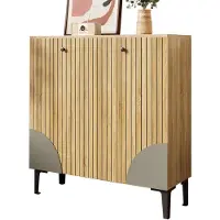 Merax Schoenenkast 90x32x94 cm – Houten Schoenenkast met 3 Deuren – Moderne Opbergkast met Legplanken – Compact Halmeubel met Zwarte Poten en Decoratief Design
