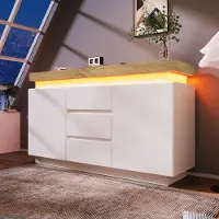OKWISH Dressoir – Hoogglans – LED Met App – 2 Deuren 3 Lades – Verstelbare Planken – 140x39x81 cm – Spaanplaat;MDF Wit – Stil Rollensysteem