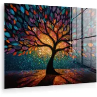 MuchoWow Glasschilderij 160x120 cm - Schilderij acrylglas - Mozaïek - Kleurrijk - Boom - Takken - Foto op glas - Muurdecoratie woonkamer - Wanddecoratie slaapkamer - Schilderijen