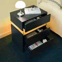 OKWISH Nachtkastje - 3 Lades - RGB LED Met Acrylpaneel - Modern Nachtkastje Met Ruime Opbergruimte Voor Slaapkamer - Spaanplaat Zwart+Goud