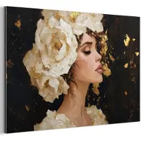 MuchoWow Aluminium schilderij 90x60 cm - Wanddecoratie metaal - Abstract - Vrouw - Bloemen - Wit - Metalen muurdecoratie woonkamer - Decoratie industrieel - Foto op dibond - Industriële accessoires slaapkamer