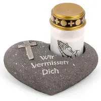 Novaliv Grafdecoratie hart antraciet met kruis met opschrift We miss you incl. LED graflamp wit grafdecoratie grafhart weerbestendig grafdecoratie gedenksteen theelichthouder rouwsteen