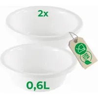 Novaliv 2x Ronde Afwaskommen 0,6L, D16 cm, Wit, BPA-vrij, Vaatwasserbestendig, Ideaal voor keuken en camping, kleine ronde kom, kleine plastic kom, kleine waskom, plastic kom