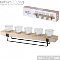 Urban Living “NATURAL LIVING” kandelaar met houten houder en zwarte metalen voet – 46 × 9 × 7 cm