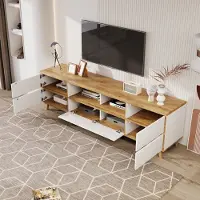 OKWISH Tv-Meubel – Modern – 4 Deuren – Met 2 Binnenvakken – Landhuisstijl Met Opbergruimte – MDF Wit+Lichtbruin – 175x37x51 cm – Draagkracht 50 kg