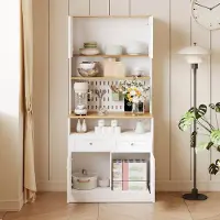 OKWISH Dressoir - Schuurdeuren met Gatenpaneel - Multifunctioneel Opbergmeubel met Laden en Planken - 80x40x175 cm - MDF+Spaanplaat Wit+Lichtbruin