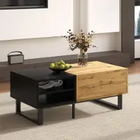 OKWISH Salontafel – 3 Open Vakken En 1 Lade – Industrieel Accent Met Metalen Grepen – Functionele Opbergruimte – Spaanplaat Lichtbruin+Zwart – 100x50x40 cm