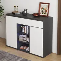 OKWISH Schoenenkast - Zwart-Wit Modern - 105x39,5x86 cm - 2 Deuren 1 Lade - Verstelbare Planken - Met Kleuren-LED - Spaanplaat Zwart+Wit