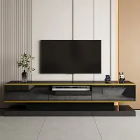 OKWISH TV-Kast – Modern – 3 Laden – Met Kleurwisselende LED – Hoogglans Met Gouden Decorstrepen – Spaanplaat Zwart+Goud – 180x38x45 cm