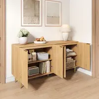 OKWISH Dressoir – Natuurlijke Houtnerf Met Gouden Accenten – 140x40x72 cm – 4 Deuren – Verstelbare Planken – MDF Lichtbruin – Metalen Poten