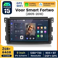 Hexinex Quad-Core autoradio Geschikt voor Smart Fortwo 451 (2005-2010) - Draadloos CarPlay, Android Auto, multimediaspeler,Android 15, 2GB+64GB