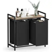 Vasagle Dubbele industriële Wasmand – 2-delig Was Sorteerder met uitneembare Zakken en Plank – Metalen Frame – Camelbruin/Zwart