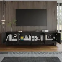 OKWISH TV-meubel – Moderne Serie – 4 Deuren – Grifloze Golvende Deuren – Minimalistische Stijl Met Opbergruimte – MDF;Spaanplaat Zwart – 169x34x45,5 cm