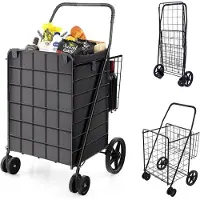 Costway Boodschappentrolley, inklapbaar, winkelwagen op wielen met afneembare Oxford-tas en 2 manden, handwagen, 40 kg belastbaar, rolwagen, multifunctionele wagen voor was, winkelen, bagage (zwart)