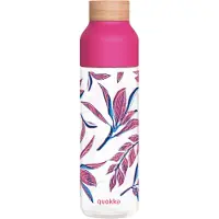 Quokka , Ice Waterfles 840ml met Houten Dop en Gestileerd Bladmotief, Roze