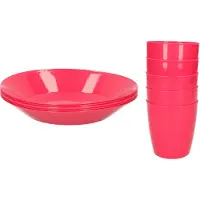Hega hogar Kunststof ontbijt/diner 6x diepe bordjes 21 cm en 5x bekertjes 300 ML servies set in kleur roze