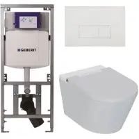 Geberit QeramiQ Luma Douche WC Set - UP320 inbouwreservoir - met Burda frame - fohn - ladydouche - mat witte metalen bedieningsplaat - rechthoekige knoppen - glans wit SW1247816/SW706191/0701131