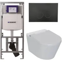 Geberit QeramiQ Luma Douche WC Set - UP320 inbouwreservoir - met Burda frame - fohn - ladydouche - mat zwarte kunststof bedieningsplaat - ronde knoppen - glans wit SW1247816/SW706188/0701131