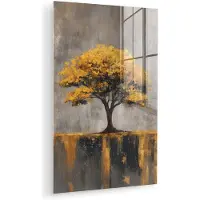 MuchoWow Glasschilderij 120x180 cm - Schilderij acrylglas - Boom - Bladeren - Goud - Abstract - Foto op glas - Muurdecoratie woonkamer - Wanddecoratie slaapkamer - Schilderijen