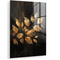 MuchoWow Glasschilderij 120x160 cm - Schilderij acrylglas - Gouden Bladeren op Donkere Achtergrond - Foto op glas - Muurdecoratie woonkamer - Wanddecoratie slaapkamer - Schilderijen