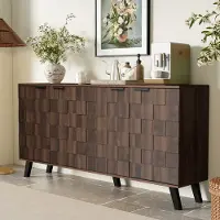 OKWISH Dressoir – Modern – 4 Deuren – Met Gestructureerd Deurpatroon – 160,5×35,5×78 cm – Verstelbare Planken Voor Ruime Opbergruimte – Donkerbruin Spaanplaat – Zwarte Handgrepen