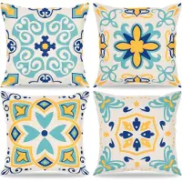 Boho Set van 4 waterdichte kussenslopen voor buiten, 45 x 45 cm, decoratief kussen, abstracte bloemen, bankkussen, , herfstkussenhoes, decoratieve kussenhoes voor bank, balkon, patio, tuin, woonkamer