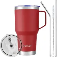 SUNTQ 30 oz Tumbler met handvat, herbruikbare koffiekop met rietje, dubbelwandige vacuüm geïsoleerde koffiemok, thermische mok van roestvrij staal, 850 ml, rood