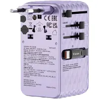 Verbatim Charge 'n' Travel 70W GaN III universele reisadapter met 2 intrekbare USB-C kabels, 1 x USB-C, 1 x USB-A poorten Paars