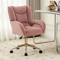 OKWISH Bureaustoel – Fluwelen Bekleding – Verstelbare Zithoogte & 360° Draaibare Wielen – Met Metalen Frame En Gouden Basis – Roze
