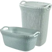 Curver Knit Wasmand met deksel 57L + Wasmand 40L - Blauw/Grijs