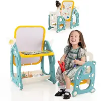 Costway 4-in-1 schildersezel met stoel, in hoogte verstelbaar met 3-traps verstelbaar whiteboard, telescopisch & ringwerpspel, kinderbord met schilderaccessoires en gum, voor kinderen van 1-8 jaar