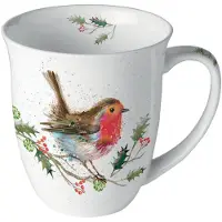 Ambiente -mok-beker-met oor-roodborstje-winter-robin-porselein-fine bone china-kado-cadeau