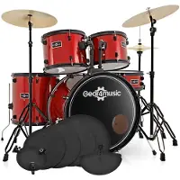 Gear4Music BDK-1plus Fullsize Beginnersdrumstel + Oefenpakket Rood