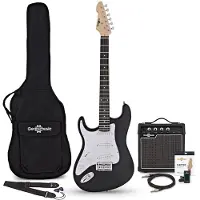 Gear4Music LA Linkshandige Elektrische Gitaar Zwart 10W Gitaarversterker & Accessoireset