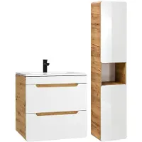 Vente-unique Zwevend badkamermeubel met inbouwwaskom en kolomkast - Naturel en wit - 60 cm - ARUBA