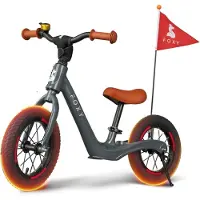 Foxy Kinder loopfiets voor kinderen vanaf 2 jaar - licht frame van magnesium met luchtbanden kleur grijs inclusief fiets standaard, bel en veiligheidsvlag