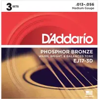 Daddario PHOSPHOROUS BRONZE STRINGS FOR ACOUSTIC GUITAR EJ17-3D MEDIUM 13-56 3-PLAYERS