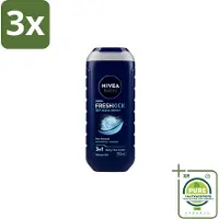 Nivea 3 x Men – Douchegel – Fresh Kick – 250 ml - Grootverpakking - Douchegel Mannen - Frisheid Onder De Douche - Munt Douchegel - Verkoelend Effect - 3 In 1 Douchegel