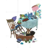 IXXI Pim & Pom onder de tafel, Fiep Westendorp - 60 x 80 cm - Gratis ophangtool - Grote wanddecoratie en posters - Fantasierijk, Kleurrijk