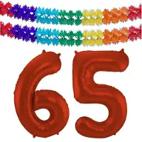 Folat Verjaardag Leeftijd folieballon - 65 jaar - rood - 86 cm - cijferballon groot - incl 2x feestslingers