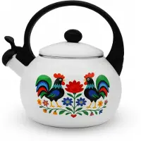 Meyerhoff White Folk fluitketel 2,2L – Emaille inductie fluitketel – Traditioneel folk design met kip – Wit
