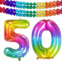 Folat Verjaardag Leeftijd folieballon - 50 jaar - multi kleuren - 86 cm - cijferballon groot - incl 2x feestslingers