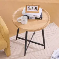OKWISH Bijzettafel Rond – MDF Blad – 55×55×60 cm – met Zwart Metalen Onderstel en Kruisverbinding – Lichtbruin – Draagkracht 30 kg