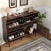 STILVORA Schoenenkast - Smal Schoenenrek Met 4 Deuren En 3 Kiepplanken Voor 7-9 Paar Schoenen - Met Katten Speelgedeelte - Spaanplaat - 120x28x92 cm - Notenbruin