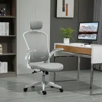 OKWISH Bureaustoel 65 X 64 X 114-122 Cm - Ergonomisch Met Hoofdsteun En Wipfunctie - Thuiswerk En Kantoor - Kunststof - Grijs