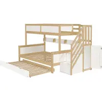 MODFU Kinderstapelbed 90x200 cm – Met uitschuifbaar bed – Kast – Hoektrap – Valbeveiliging – Wit/naturel