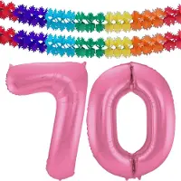 Folat Verjaardag Leeftijd folieballon - 70 jaar - roze - 86 cm - cijferballon groot - incl 2x feestslingers
