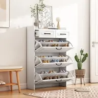 STILVORA Schoenenkast - 3 Kantelvakken En 2 Lades - Smal Voor Hal En Woonkamer - Spaanplaat Wit - 80x23,5x131 Cm