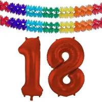 Folat Verjaardag Leeftijd folieballon - 18 jaar - rood - 86 cm - cijferballon groot - incl 2x feestslingers
